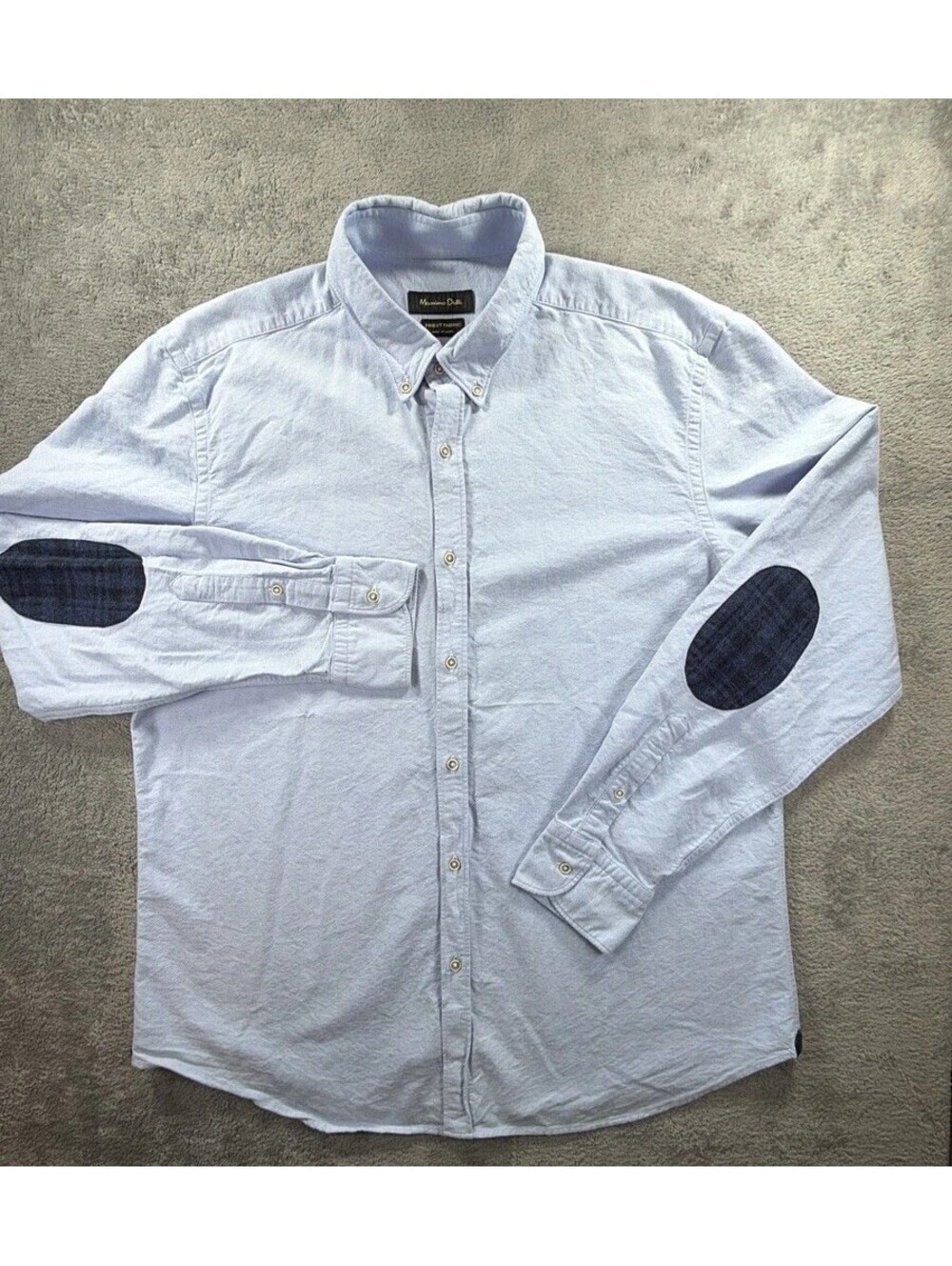Massimo Dutti Mens Light Blue Long Sleeve Button Down Shirt Elbow Patches